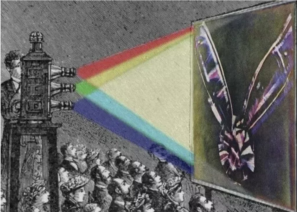 James Clerk Maxwell's 1861 color photograph reconstruction with RGB filter overlay